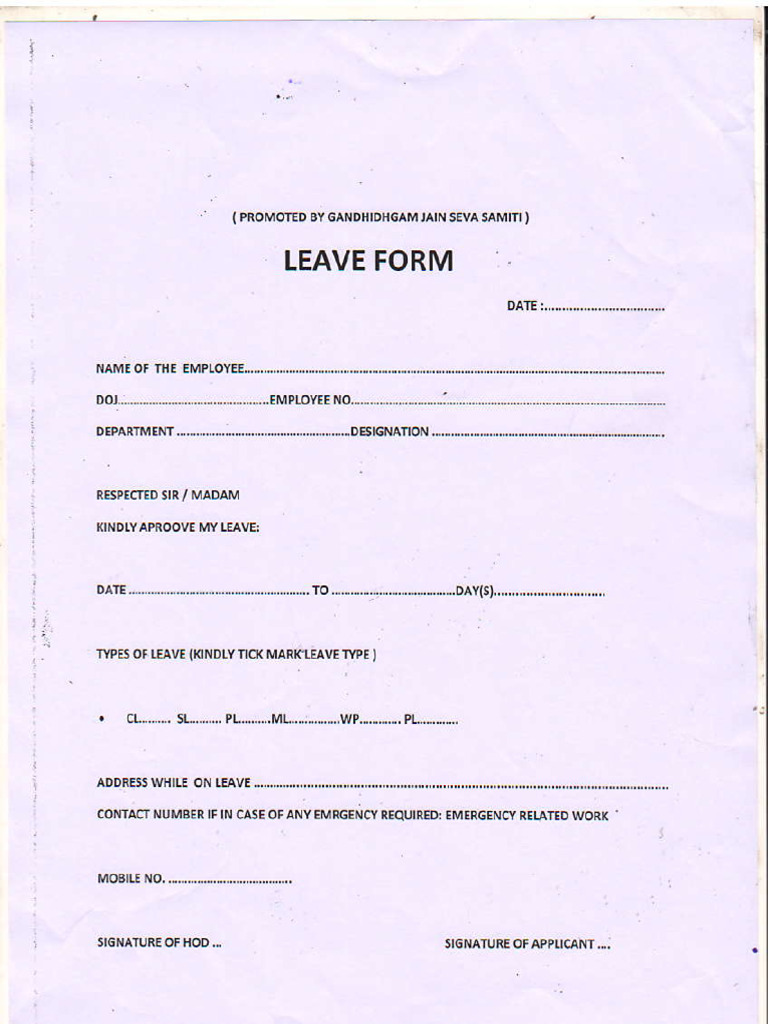 Jain Seva Leave Form Template | PDF