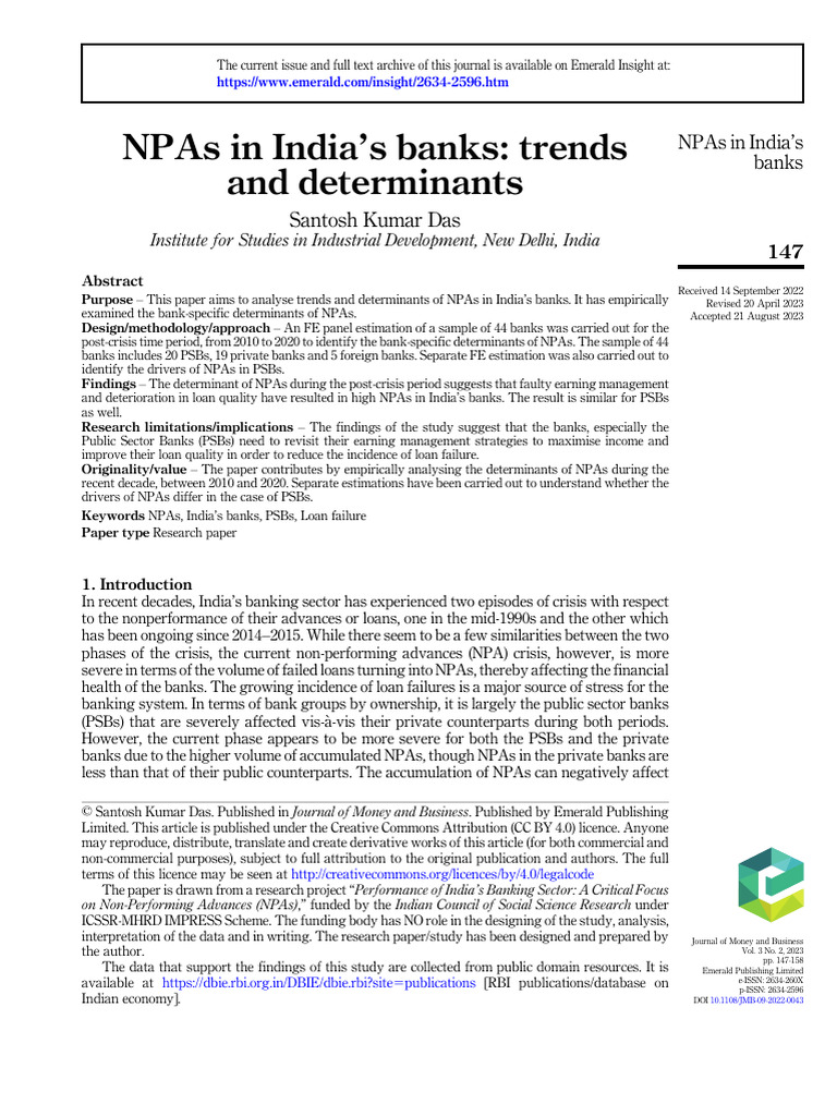 Trends and Determinants of NPAs in India | PDF | Statistics ...