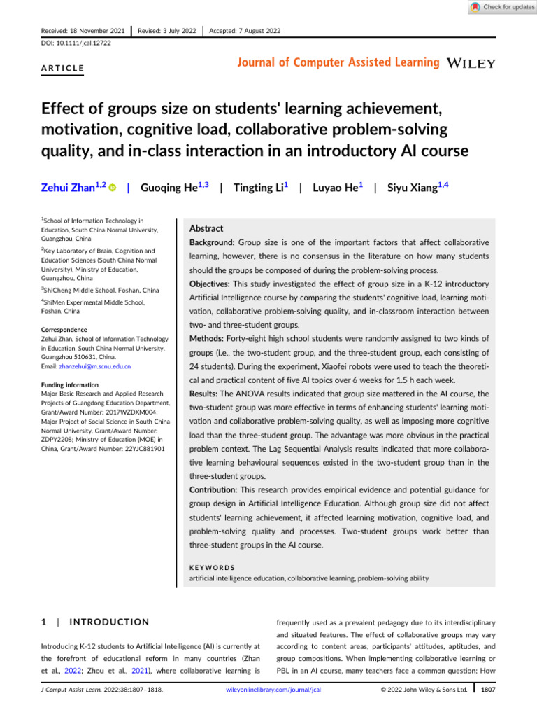 Computer Assisted Learning - 2022 - Zhan - Effect of Groups Size On ...