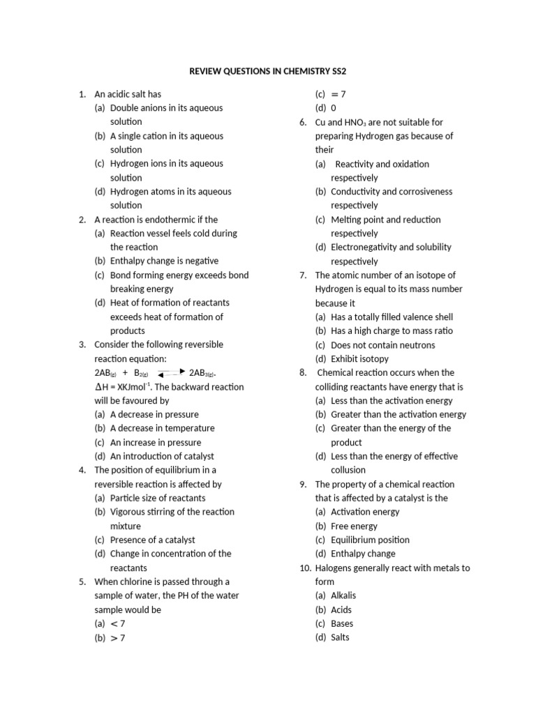 Chemistry Review Questions for SS2 | PDF | Chemical Reactions | Ion