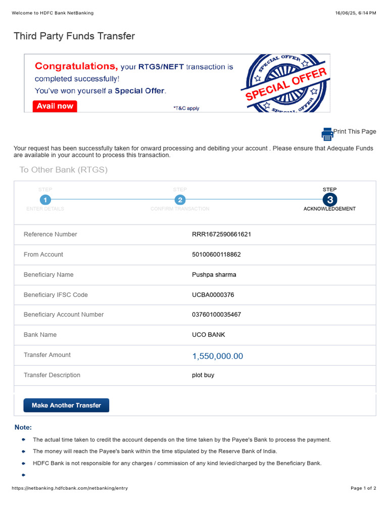 HDFC Bank Third Party Fund Transfer Guide | PDF