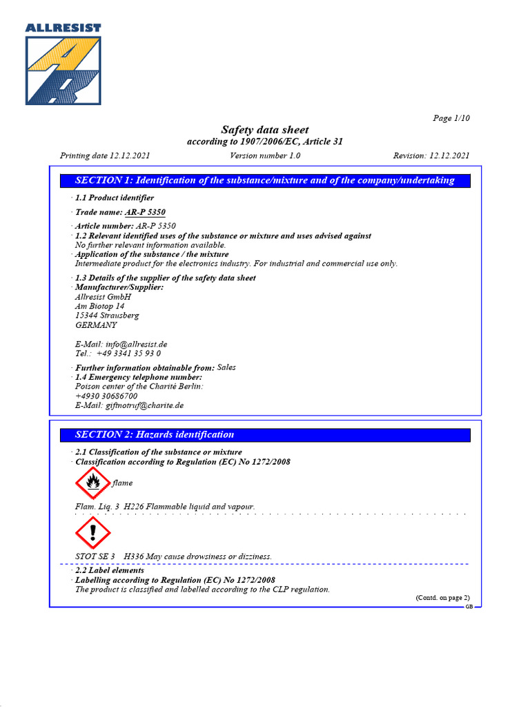 AR-P 5350 Safety Data Sheet | PDF | Toxicity | Occupational Safety And ...