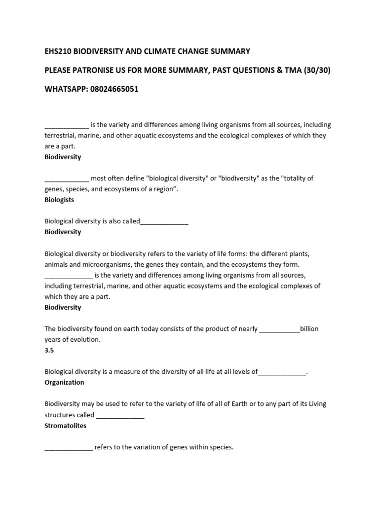 Ehs210 Biodiversity and Climate Change Summary | PDF | Biodiversity ...