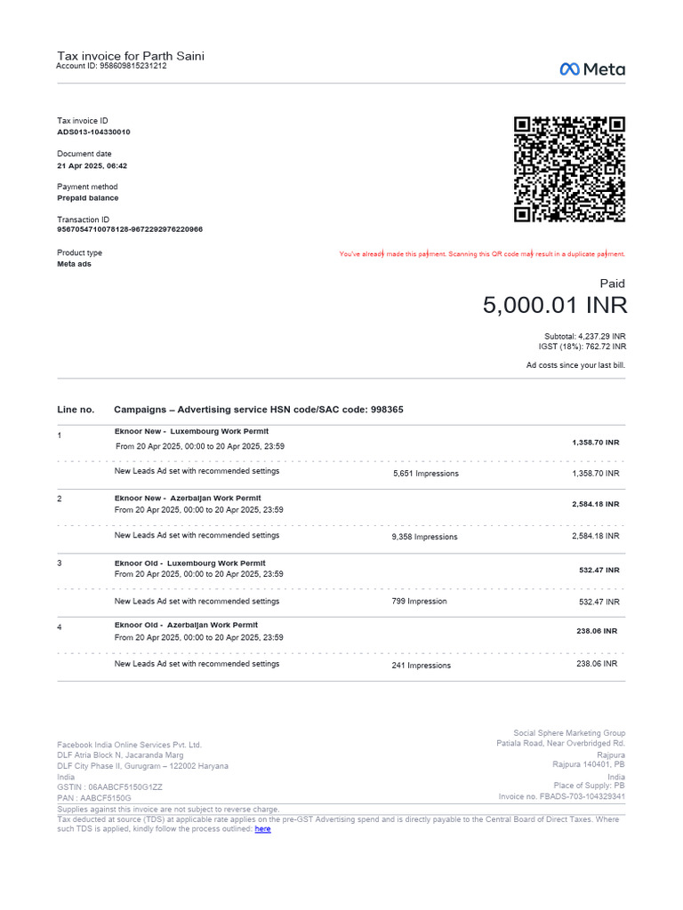 Tax Invoice for Meta Ads Services | PDF | Public Finance | Taxation