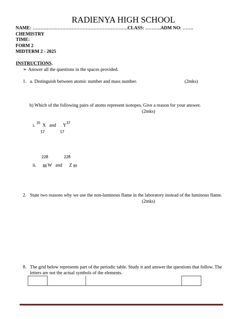 Form 2 Chemistry Midterm Exam 2025 | PDF | Chemical Elements | Atoms
