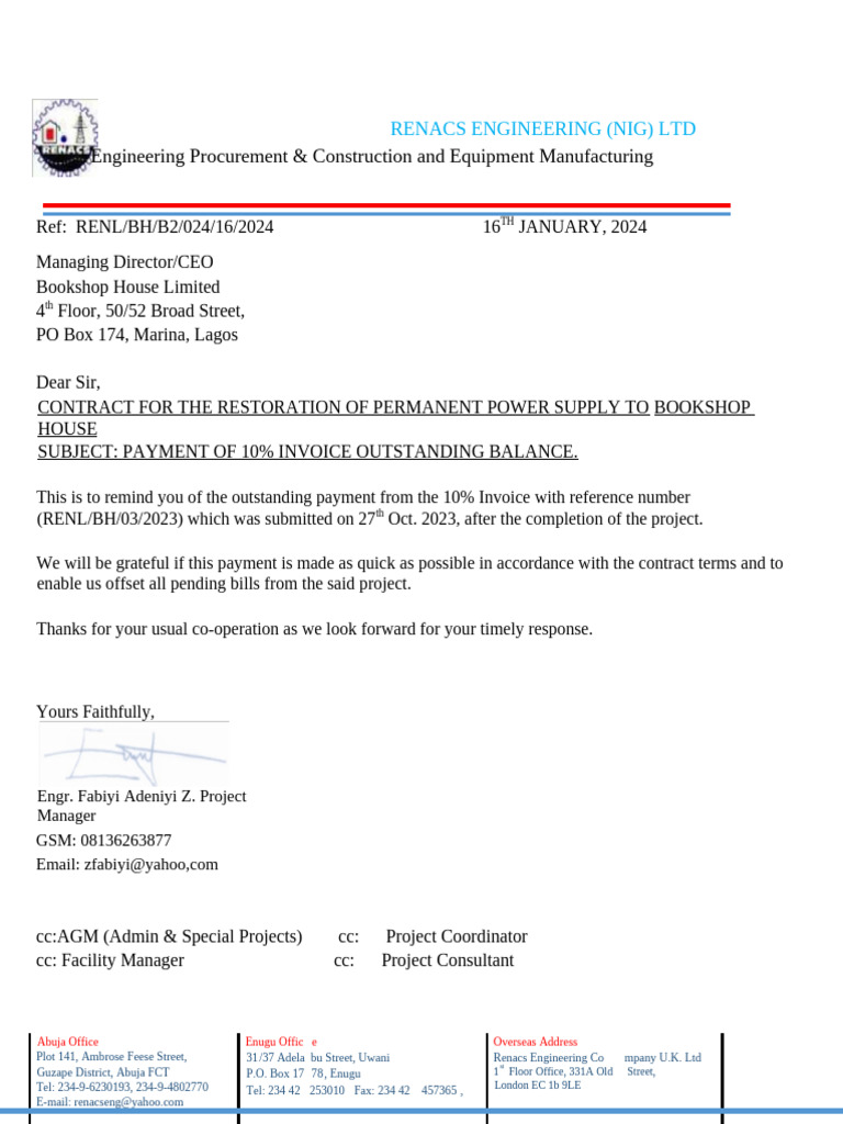 Balance of 10% Oustanding Payment | PDF