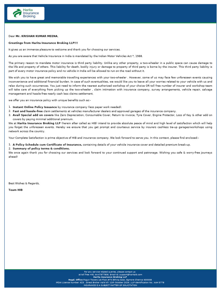 Harita Insurance Policy Welcome Letter | PDF | Insurance | Deductible