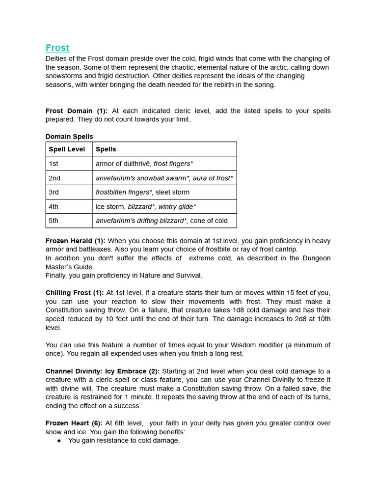 Frost Domain Cleric Features | PDF