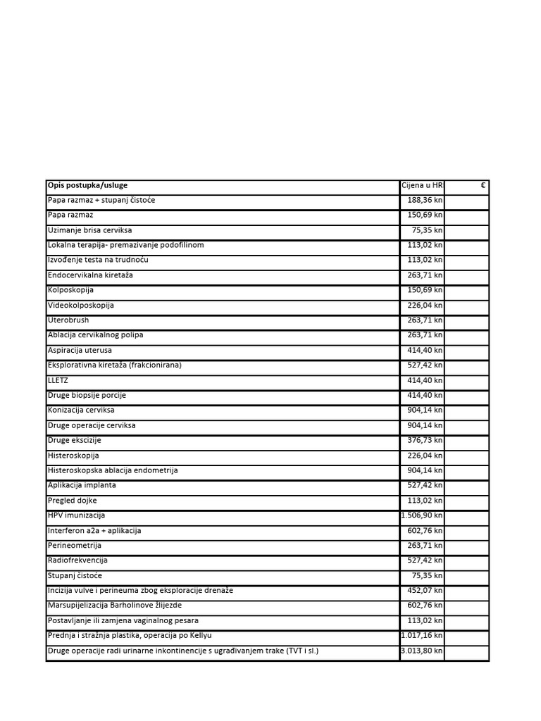 Cjenik Zdravstvenih Usluga 2022 - Ginekologija | PDF