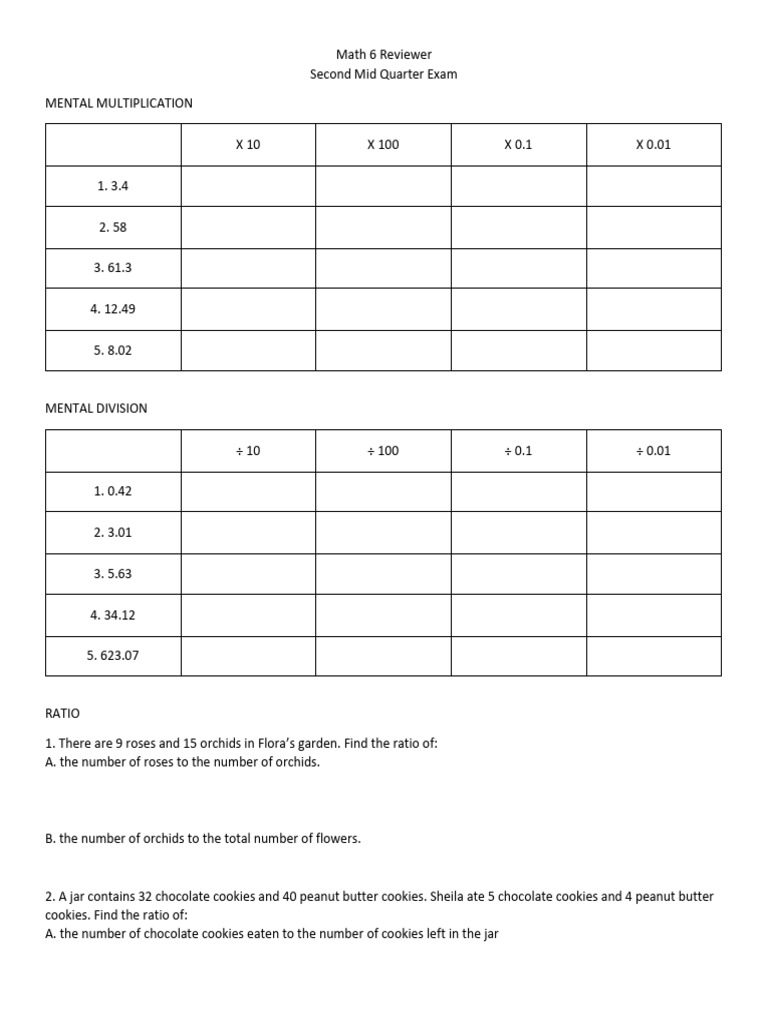 Math 6 Midterm Review: Multiplication & Ratios | PDF