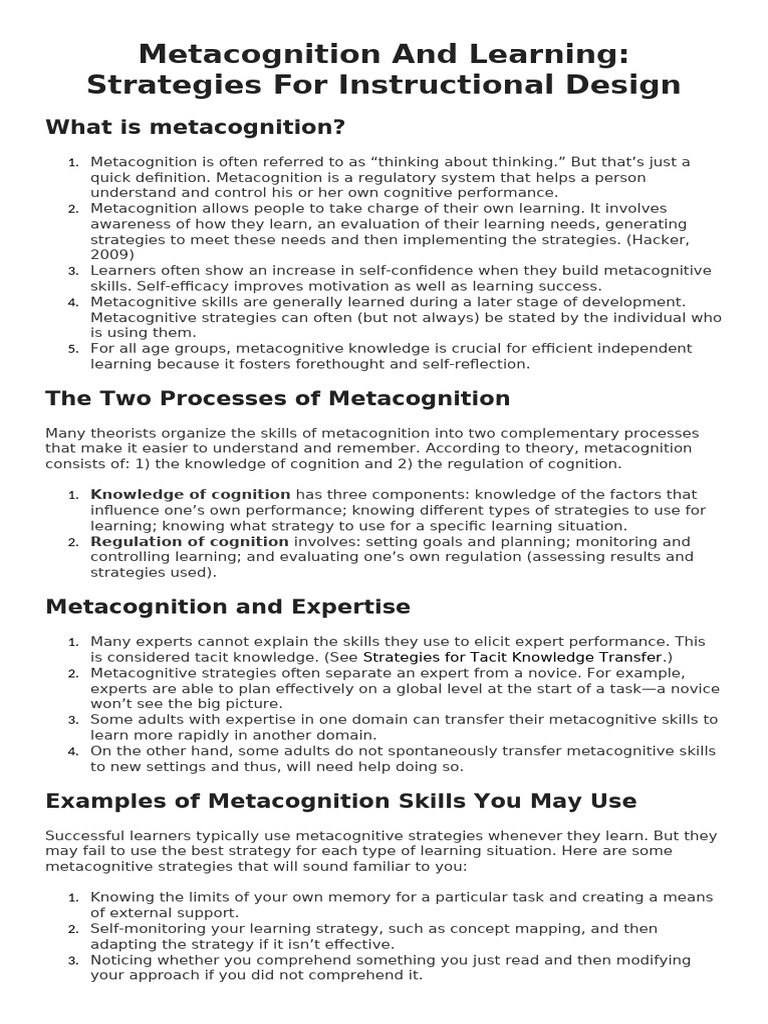 Metacognition Strategies for Learning | PDF | Metacognition | Learning