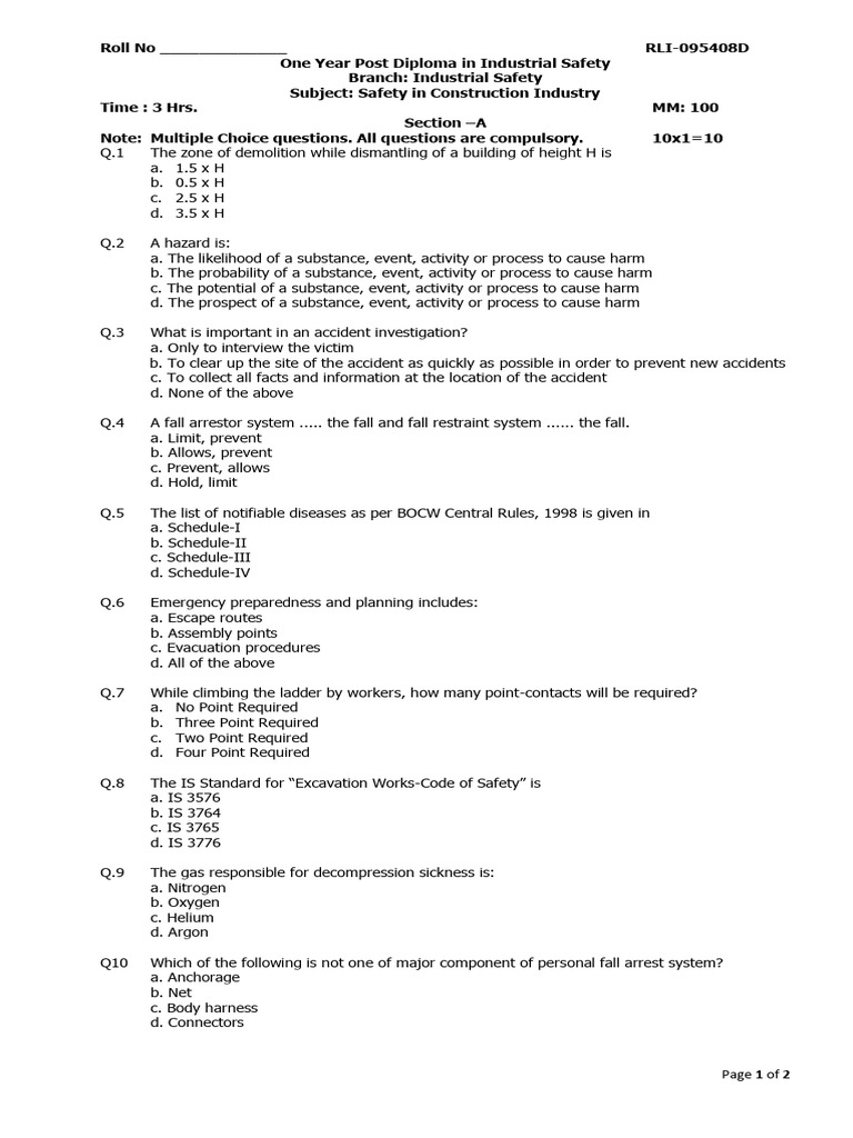 Safety in Construction Industry Exam Guide | PDF | Occupational Safety ...