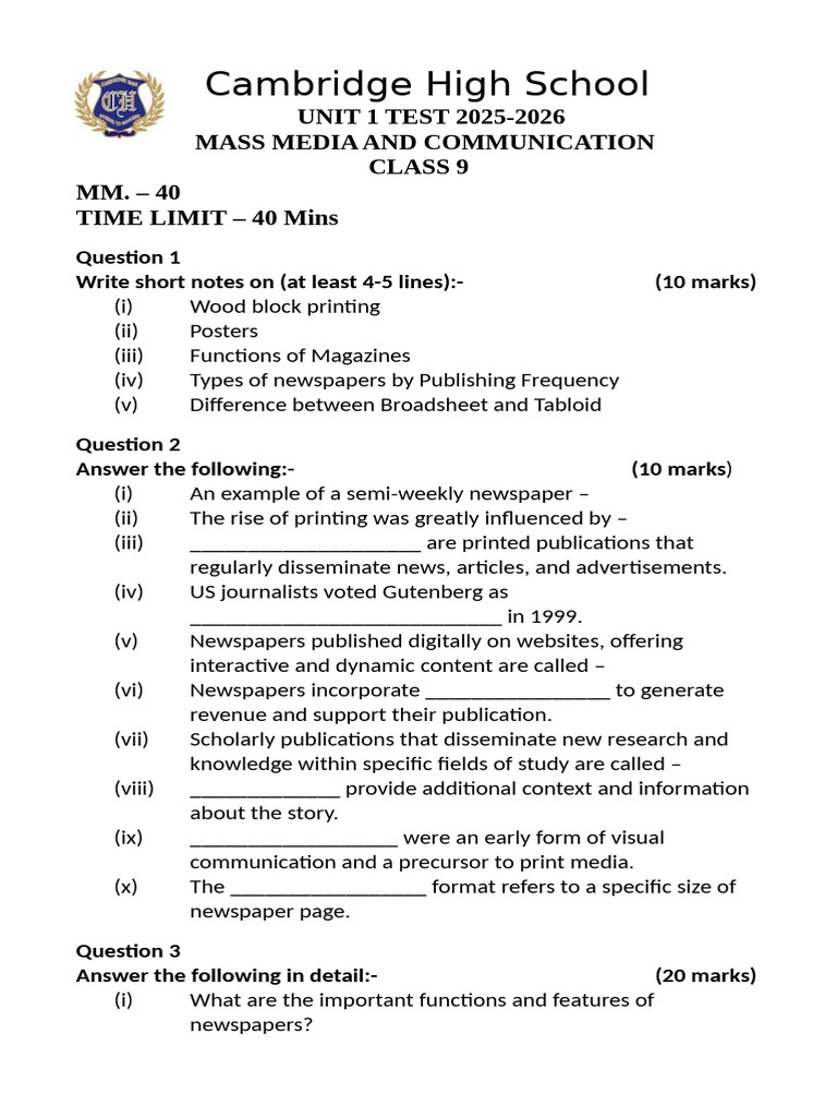 Mass Comm-Unit 1 Test Paper | PDF