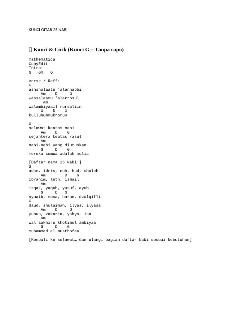 Kunci Gitar dan Lirik 25 Nabi | PDF