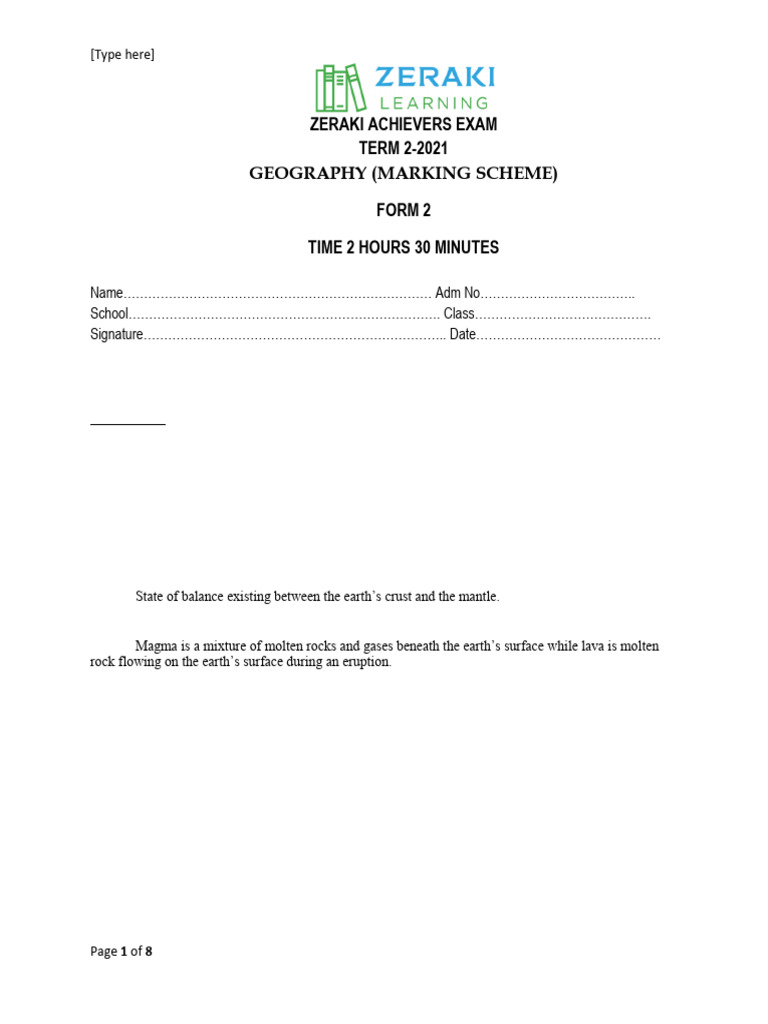 Zeraki Form 2 Term 3 Geography Exam | PDF | Lava | Fault (Geology)