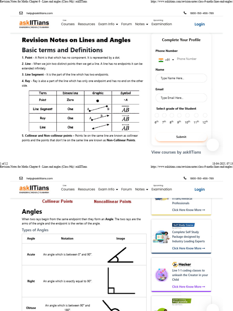 Class 9 Maths: Lines and Angles Notes | PDF | Angle | Geometry