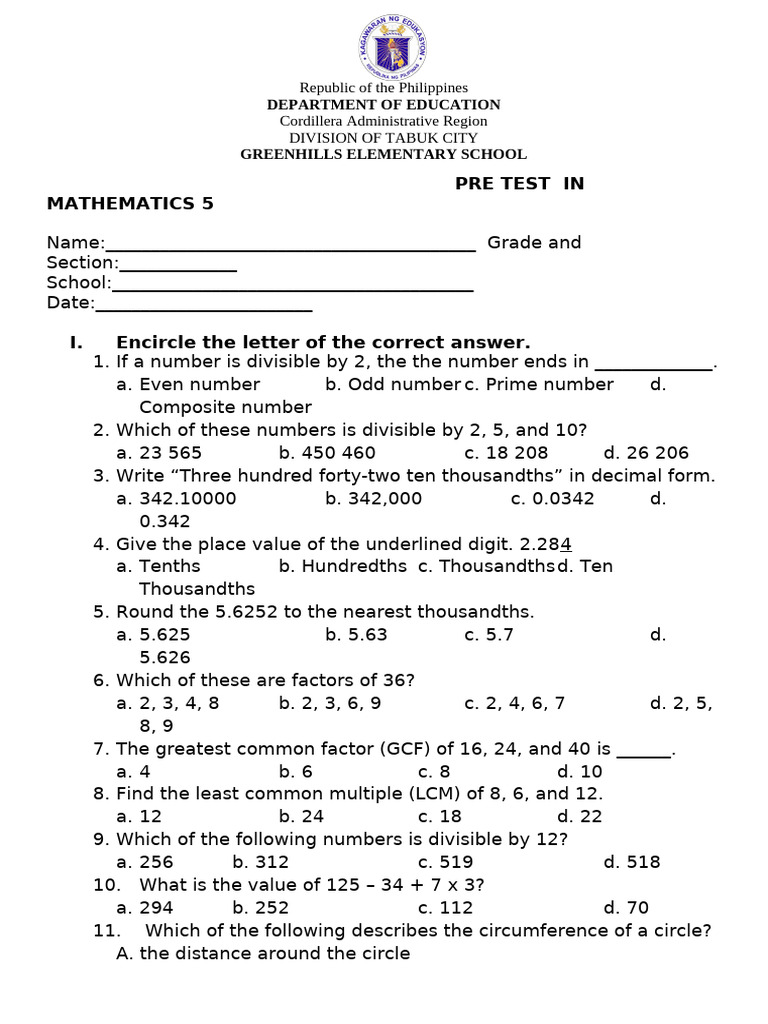 Diagnostic Test - Mathematics 5 | PDF | Numbers | Number Theory