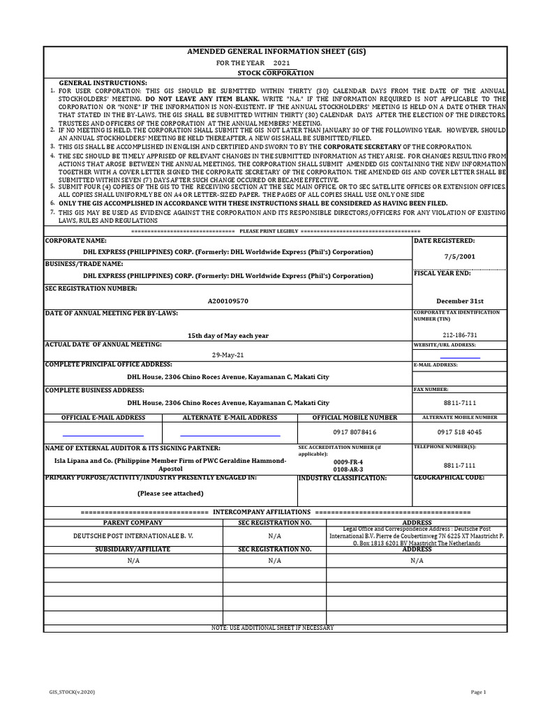 Amended GIS - DHL Excel File 12-23-21 Final1 | PDF | Securities ...