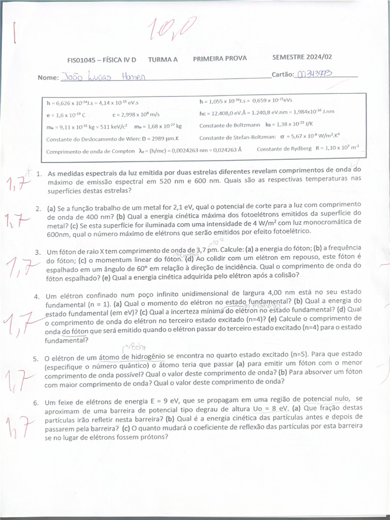 Prova 1 - Fisica IV - Silvio - UFRGS 2024 - 02 | PDF
