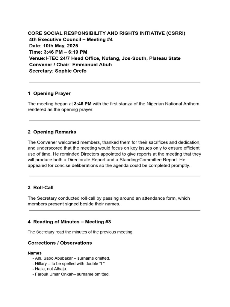 MINUTES OF CORE SOCIAL RESPONSIBILITY AND RIGHTS INITIATIVE (CSRRI ...