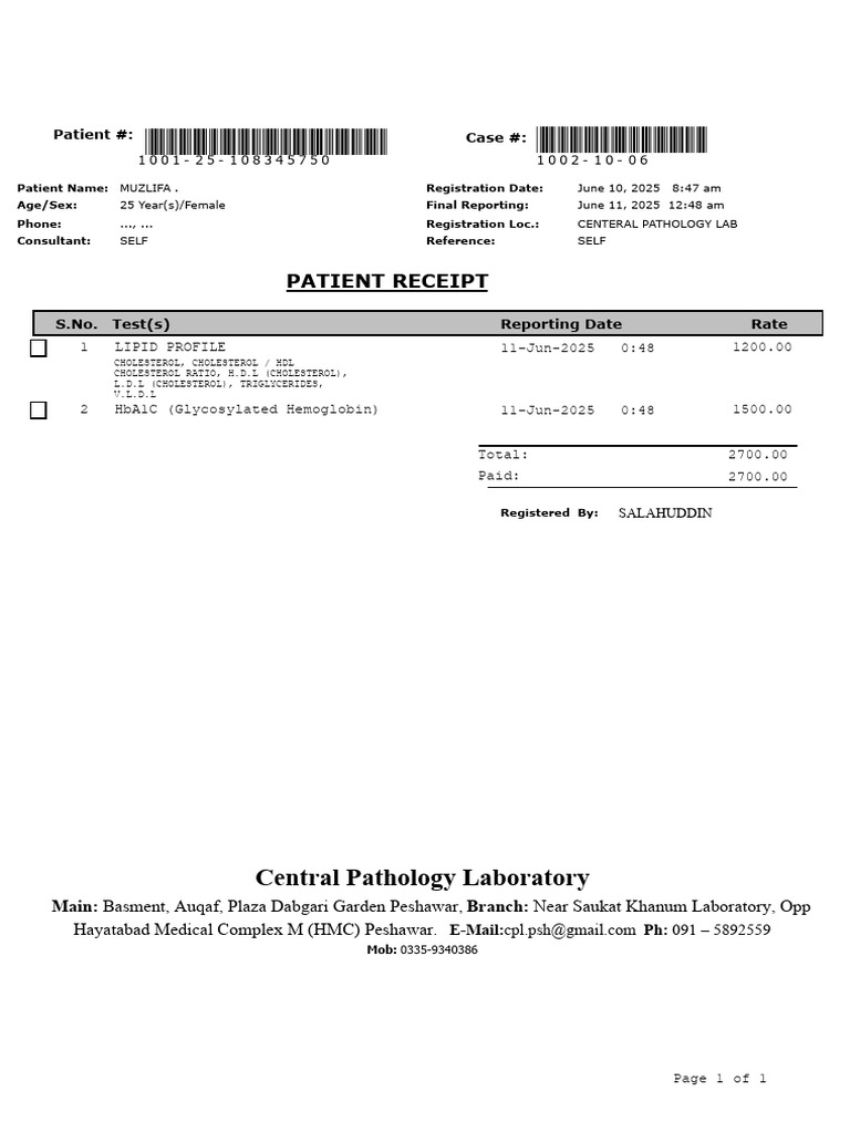 Central Pathology Laboratory: Patient Receipt | PDF