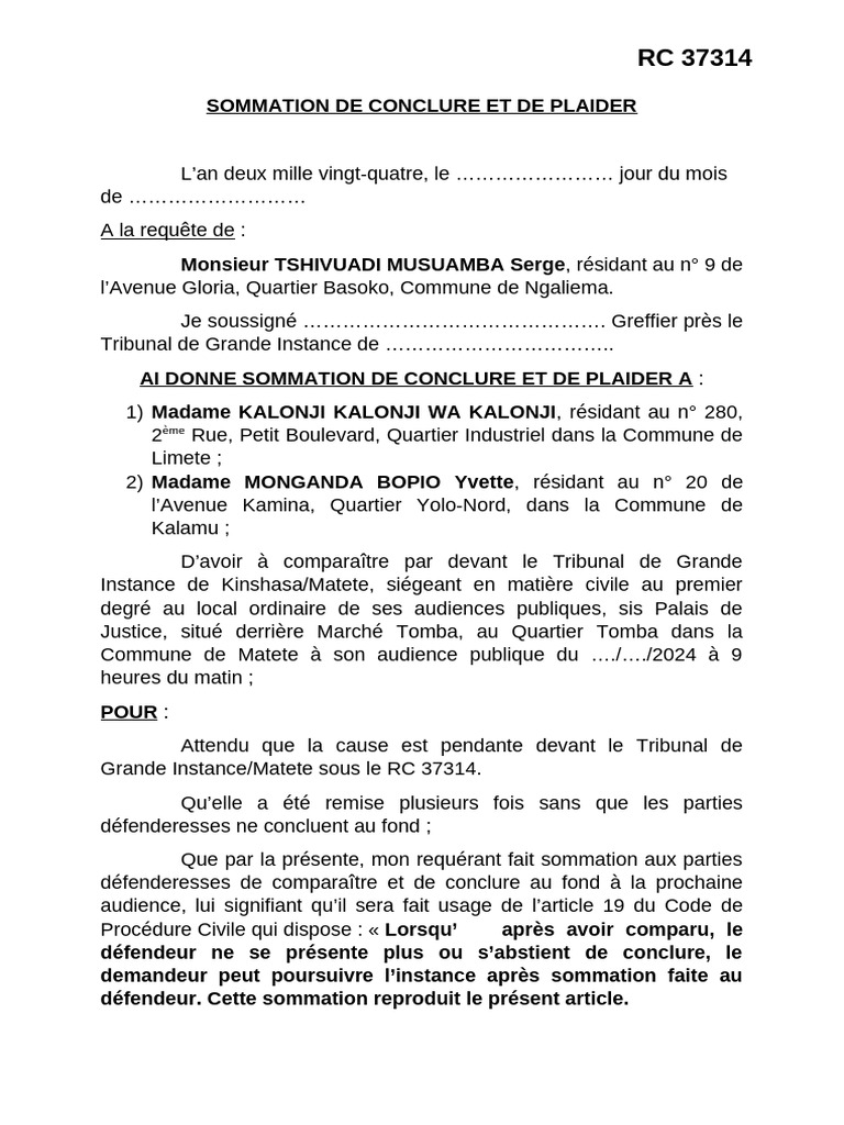 Sommation de conclure en droit congolais | PDF | Tribunaux | Séparation ...