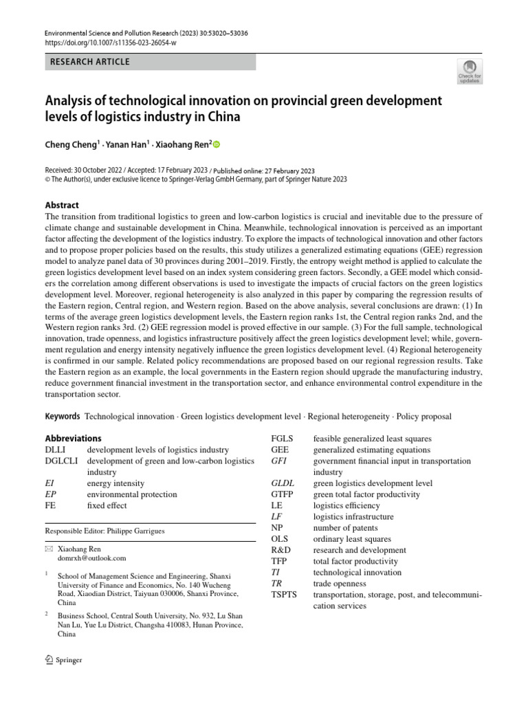 Technological Innovation in China's Green Logistics | PDF | Transport ...
