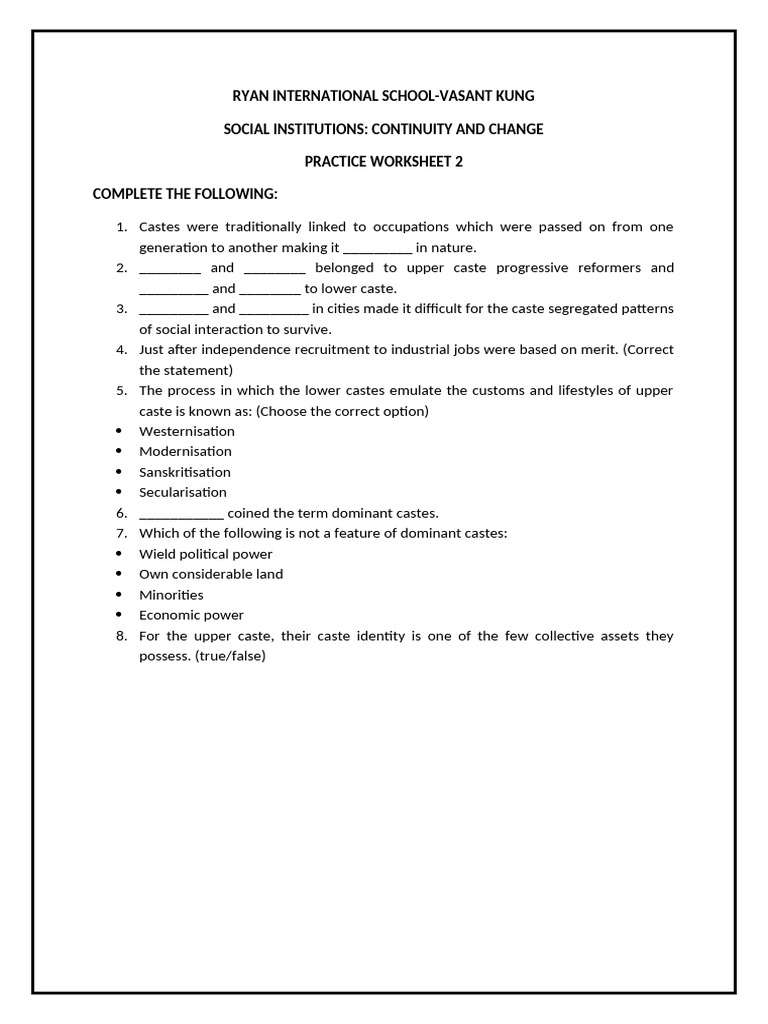 Caste System Dynamics and Reforms Worksheet | PDF