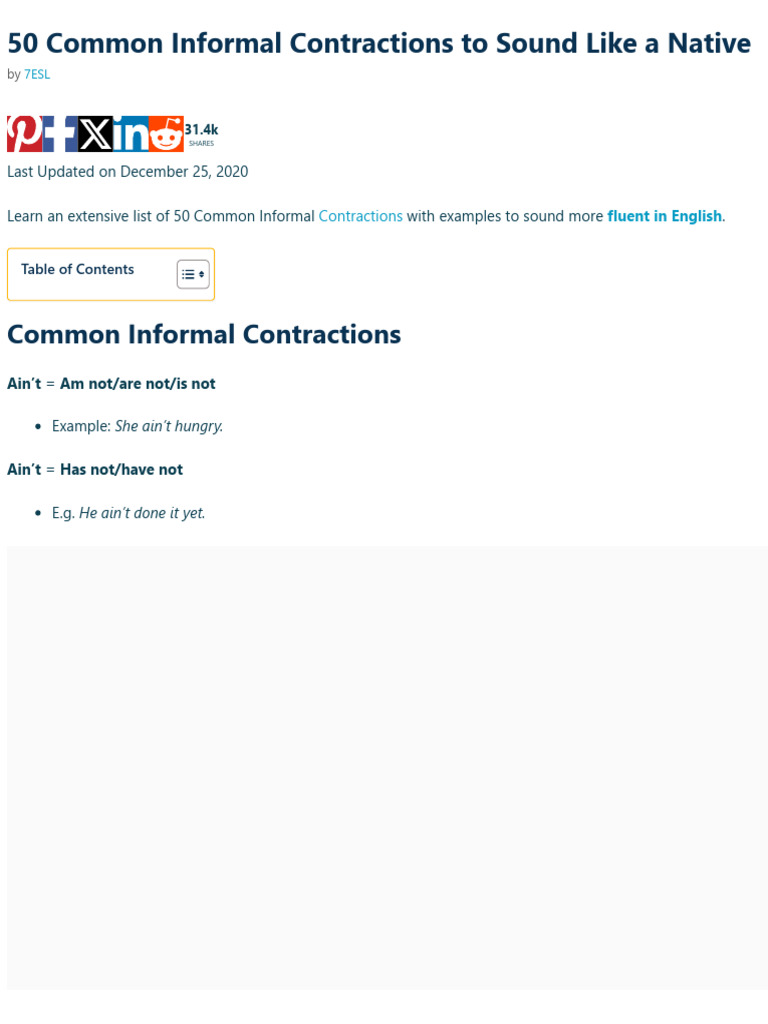 50 Common Informal Contractions To Sound Like A Native - 7ESL | PDF