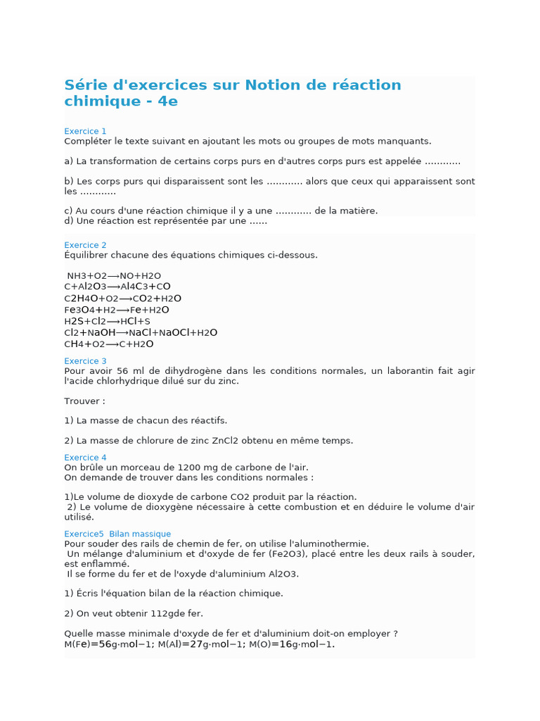 Exercices sur les réactions chimiques 4e | PDF