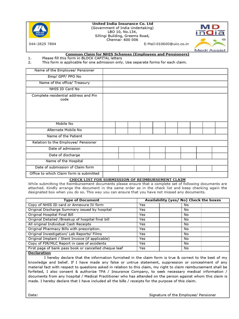NHIS Common Claim Form for Employees | PDF | Health Care