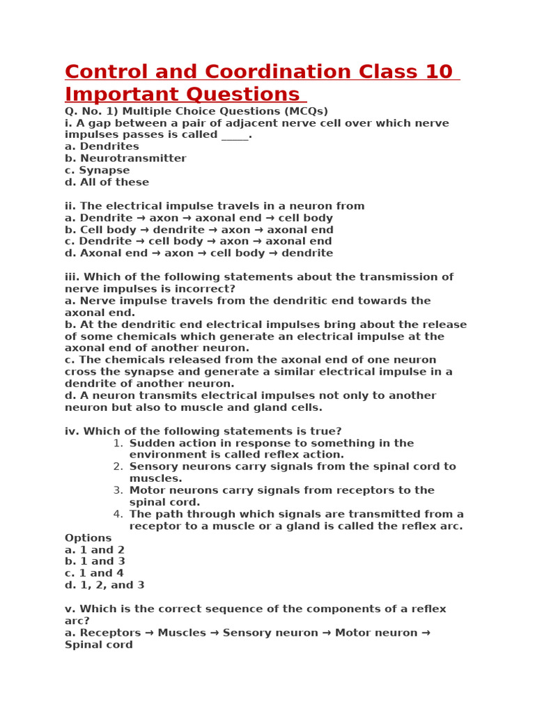 Class 10 Control and Coordination MCQs | PDF | Axon | Neuron