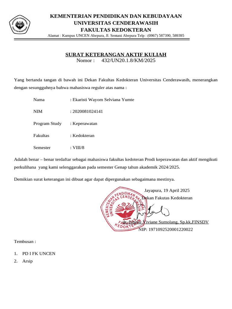 Surat Keterangan Aktif Kuliah FK UNCEN | PDF