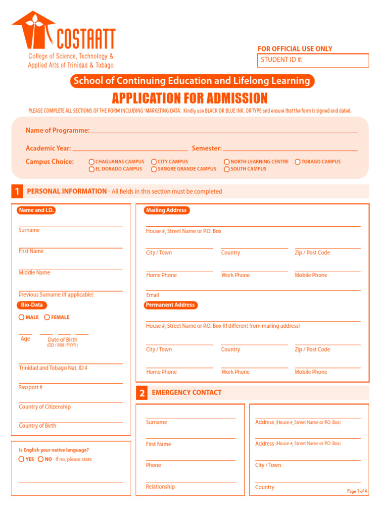 COSTAATT Admission Application Form | PDF | Diploma
