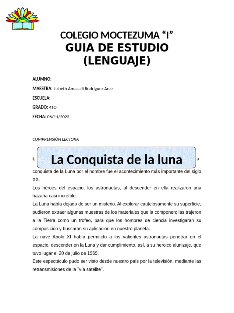 Guía de Estudio: Comprensión Lectora 4to | PDF | Luna | Astronautas
