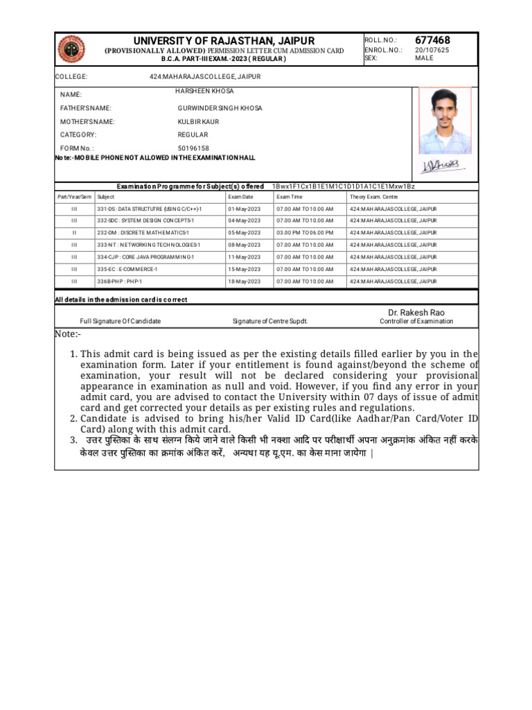 University of Rajasthan Admit Card | PDF | Applications Of Cryptography ...