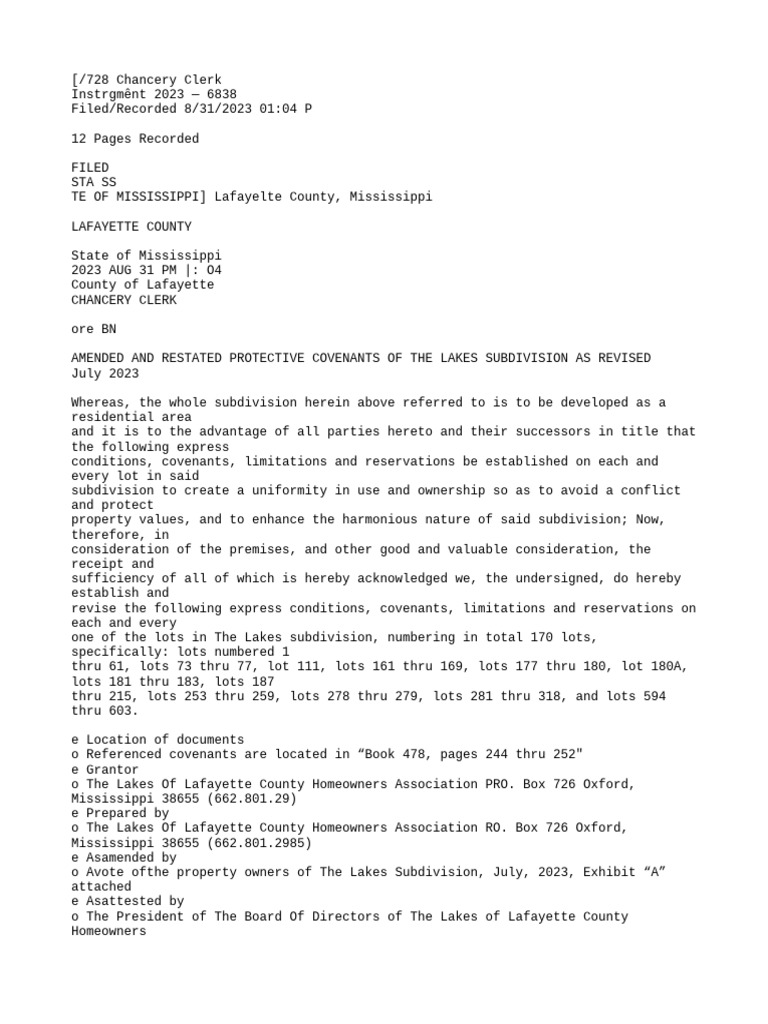 Amended Protective Covenants for The Lakes | PDF | Covenant (Law ...