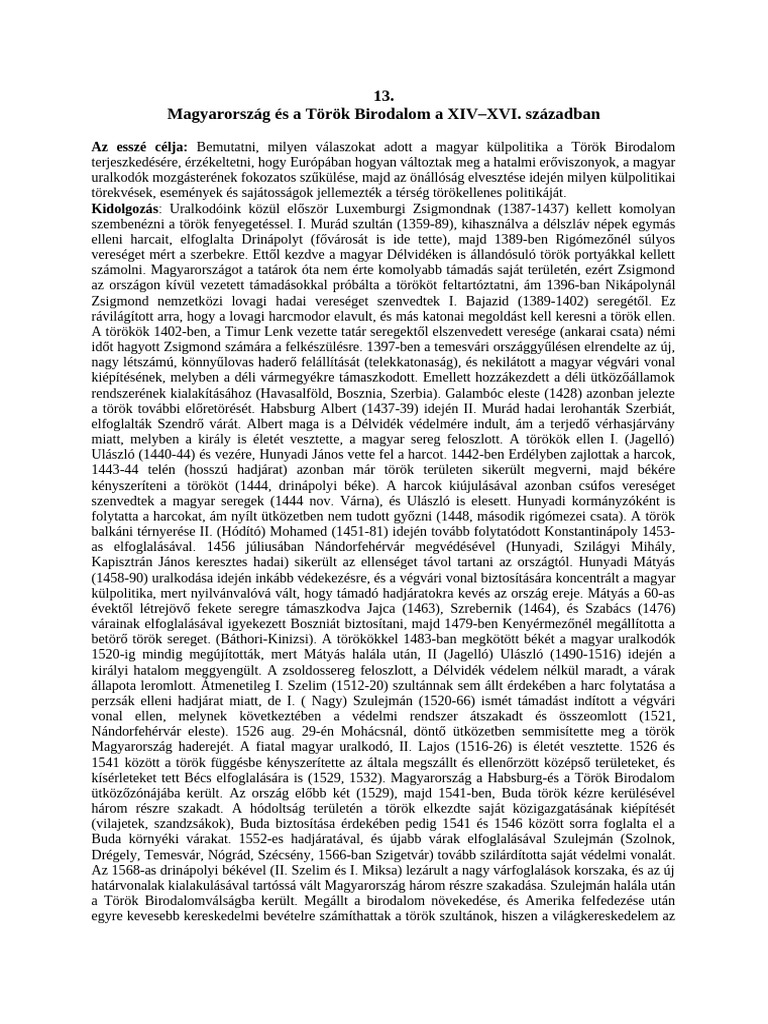 13 Magyarorszag Es-A Torok Birodalom 14 16 Szazadban | PDF