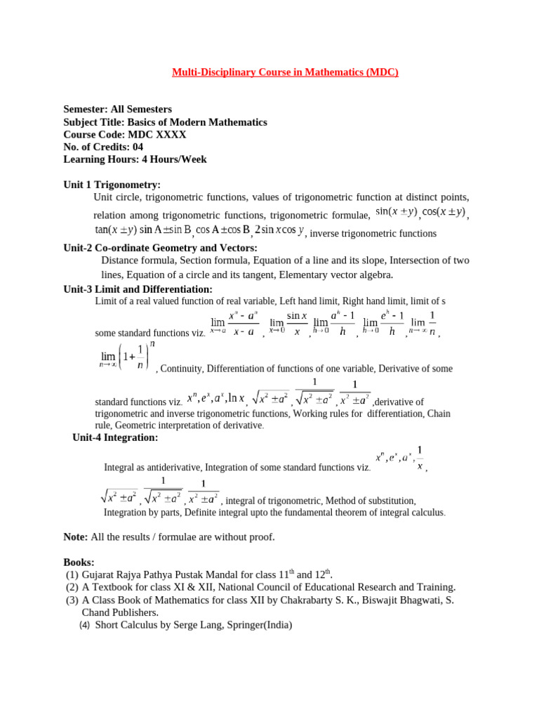 MDC Semester 1 Mathematics Syllabus | PDF