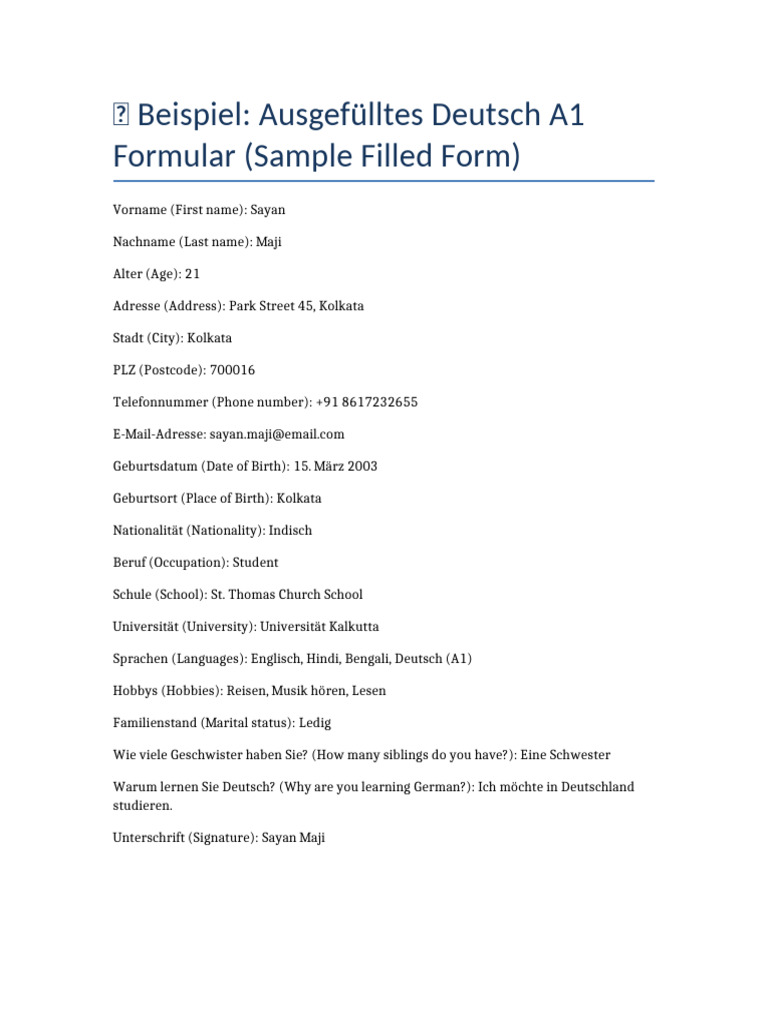 A1 German Practice Form Sample | PDF