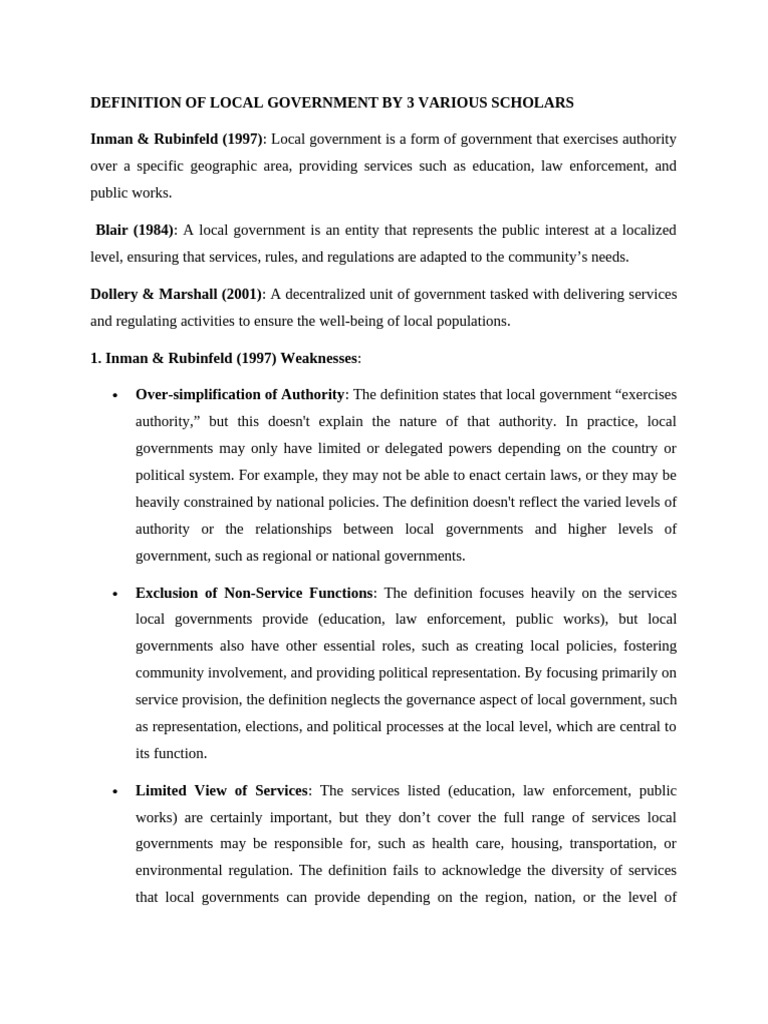 DEFINITION OF LOCAL GOVERNMENT BY 3 VARIOUS SCHOLARS Printed | PDF ...