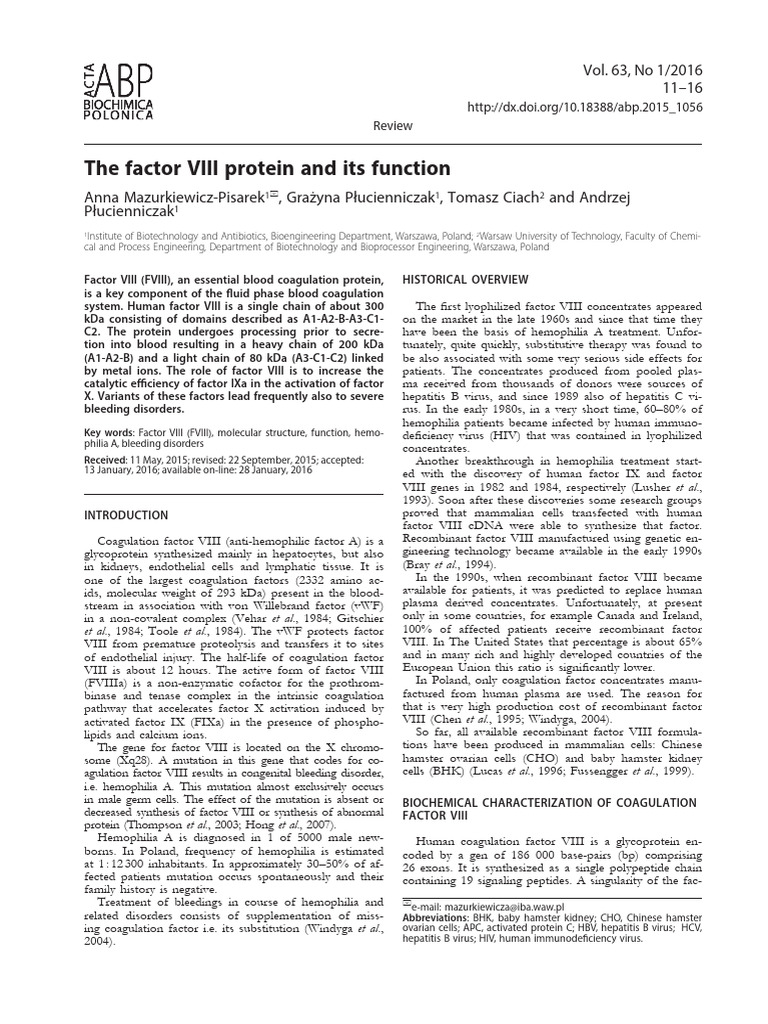 Factor VIII: Structure and Function | PDF | Coagulation | Haemophilia