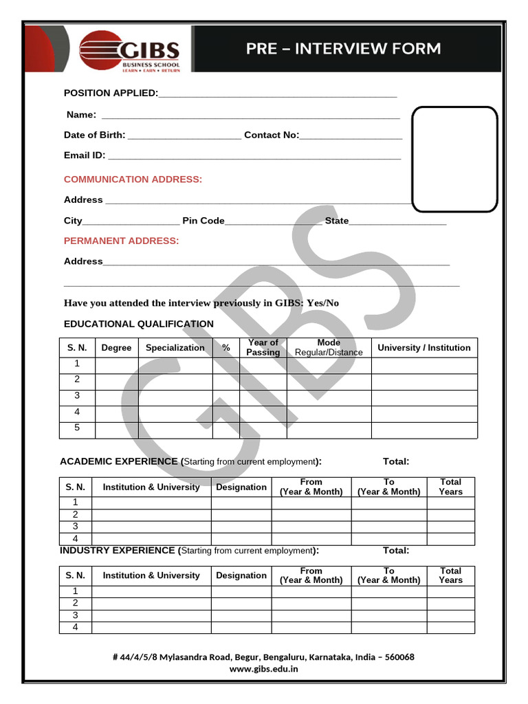 Pre-Interview Form for GIBS Applicants | PDF
