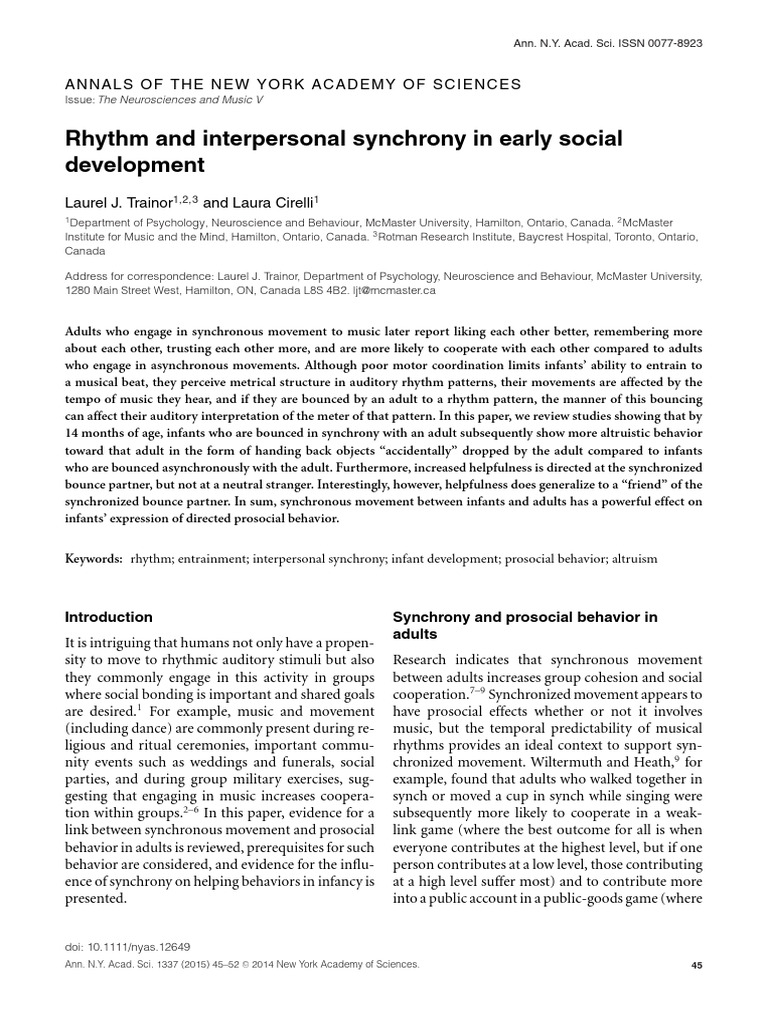 Synchronous Movement and Infant Altruism | PDF | Rhythm | Neural ...