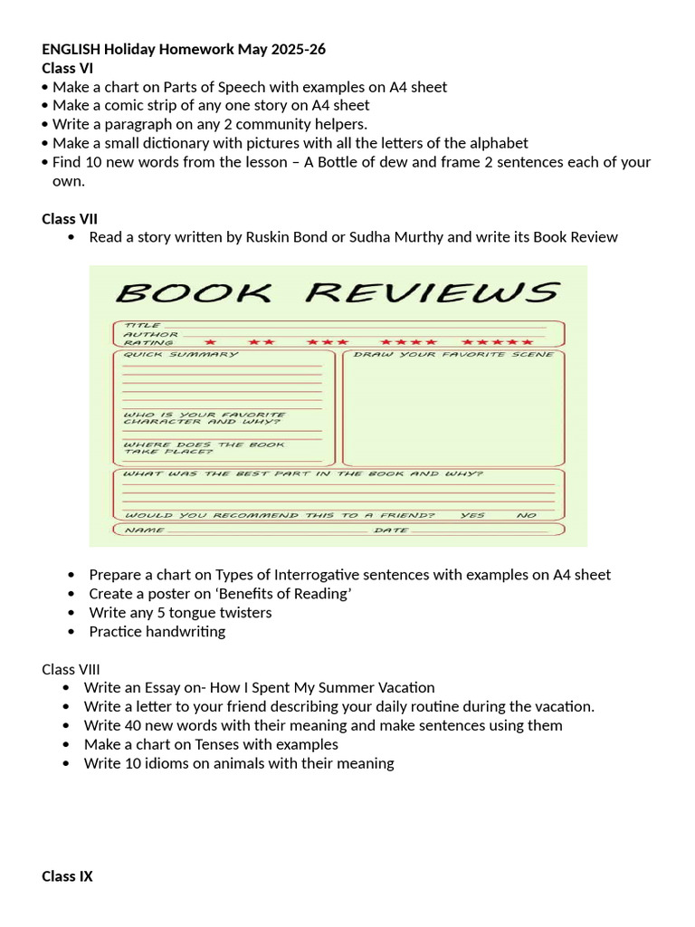 English Holiday Homework 2025-26 | PDF