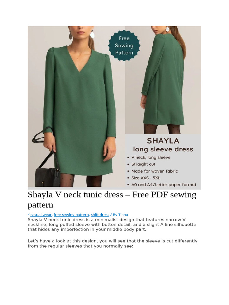 Free Shayla V Neck Tunic Dress Pattern | PDF | Seam (Sewing) | Sewing