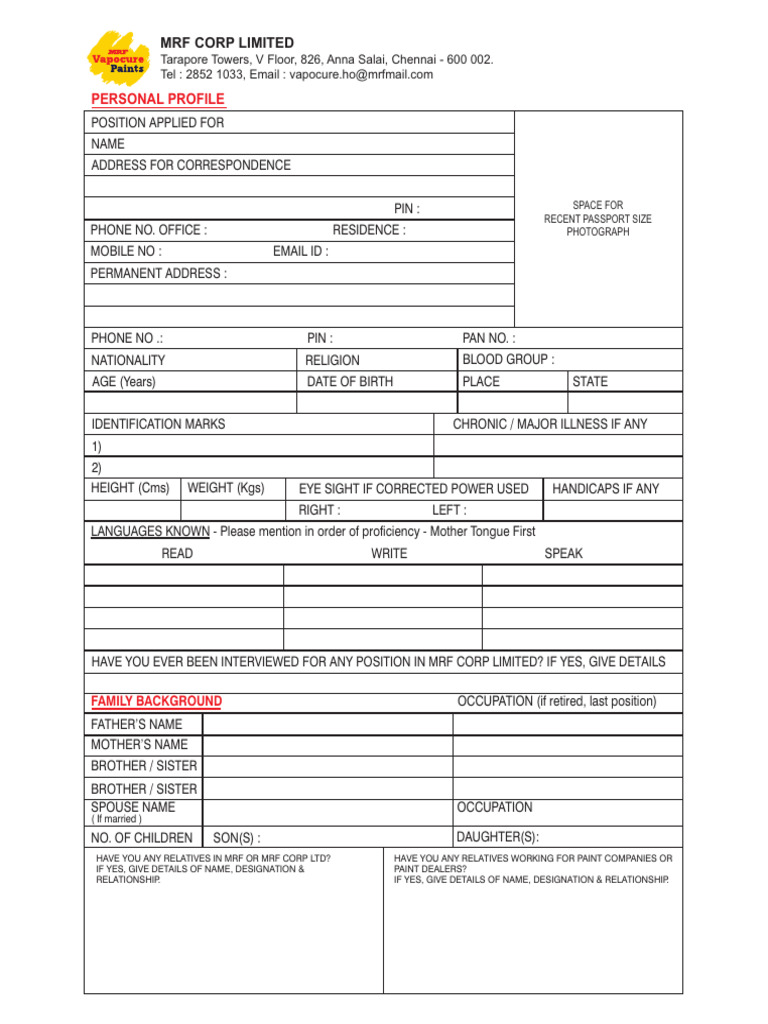 MRF Job Application Form | PDF