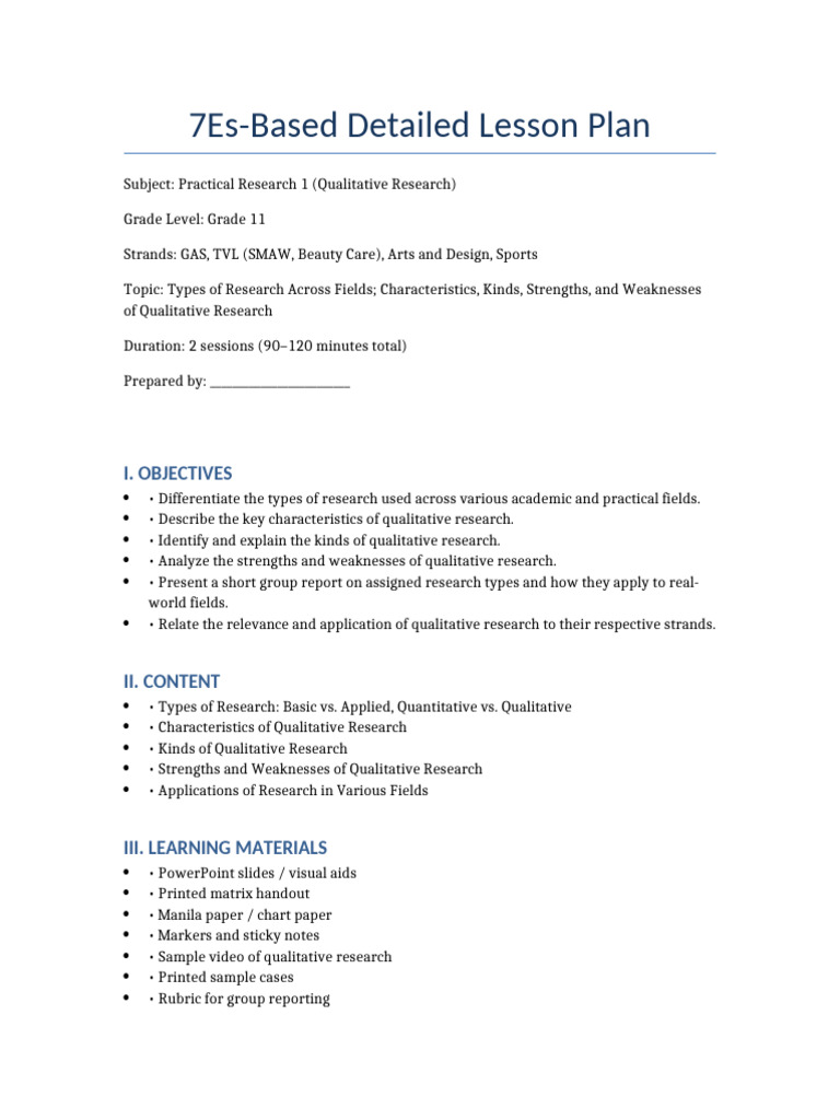 7Es Lesson Plan: Qualitative Research | PDF | Qualitative Research ...