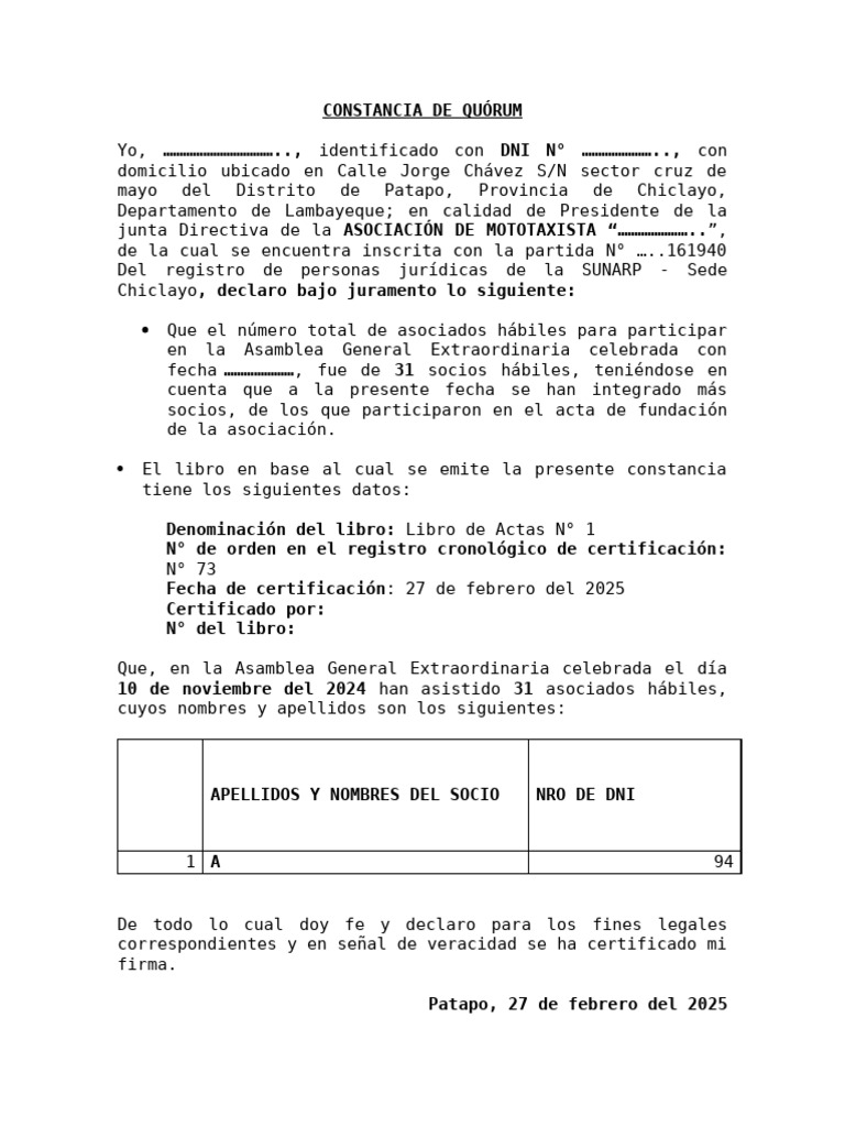 Constancia de Quórum para Asamblea | PDF