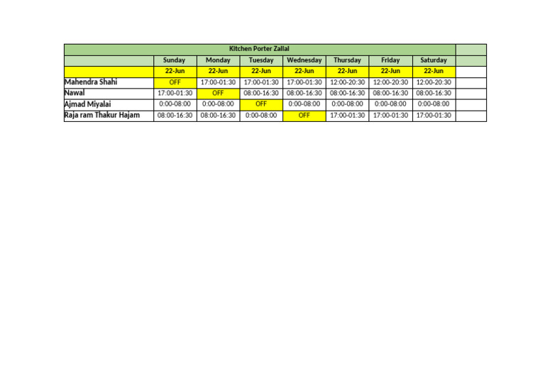 Kitchen Porter Weekly Schedule | PDF